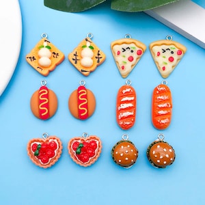 10/12pcs Resin Imitation Food Charms Hot Dog Pizza Hamburger Bun Design Pendants For DIY Jewelry Making Accessories