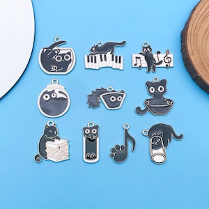 5/10pcs Enamel Musical Cartoon Black Cat Charms Alloy Metal Animal Pendants for DIY Bracelet Necklace Jewelry Making Accessories