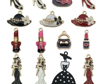 5/10pcs Enamel Bags, Hat, Lipstick, High Heels Charms Alloy Women and Girls Pendants for DIY Bracelet Necklace Jewelry Making Accessories