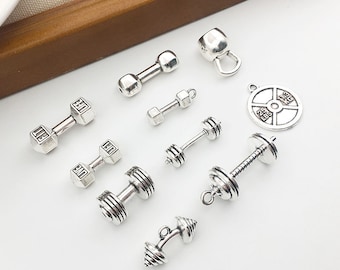 5pcs/lot Silver Kettle Bell Dumbbell Barbell Weight Charm Sports Equipment Pendants Collection-Tags For Jewelry Making
