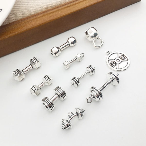 5pcs/lot Silver Kettle Bell Dumbbell Barbell Weight Charm Sports Equipment Pendants Collection-Tags For Jewelry Making