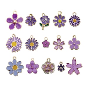 10/20pcs Enamel Purple Flower Design Charms Alloy Sunflower, Daisy, Rose Flower Pendants for DIY Bracelet Jewelry Making Accessories