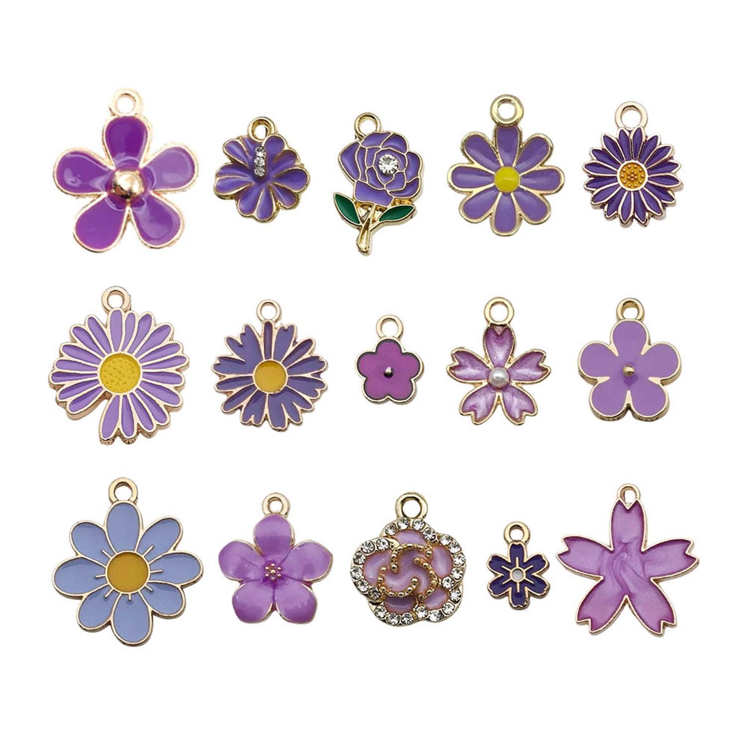 10/20pcs Enamel Purple Flower Design Charms Alloy Sunflower, Daisy, Rose Flower Pendants for DIY Bracelet Jewelry Making Accessories
