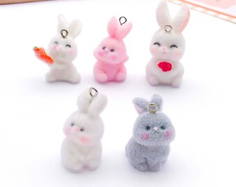5pcs Resin Flocked Rabbits Charms, 3D Animal Pendants for DIY Bracelets Necklaces Earrings Jewelry Making Accessories