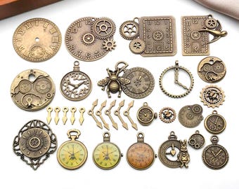 10/31pcs Alloy Antique Bronze Skeleton Steampunk Clock Face Gear Watch Charms for DIY Bracelet Necklace Earrings Jewelry Making Accessories