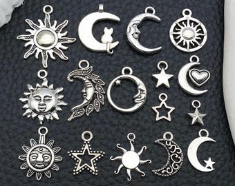 16/20 stks Antiek Zilverachtige Zon Maan Ster Ontwerp Charms Lichtmetalen Celestial Hangers voor DIY Armband Ketting Sieraden Maken Accessoires: