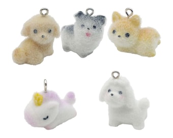 5pcs 3D Cute Flocking Alpaca, Dog, Unicorn Charms Resin Animal Pendants for DIY Bracelets Necklaces Earrings Jewelry Making Accessories