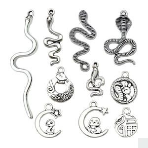 May include: A set of ten silver-toned snake charms. The charms feature different snake designs, including a coiled snake, a snake with its head raised, and a snake with a crescent moon. The charms are perfect for adding a touch of whimsy to jewelry or crafts.