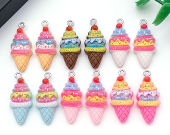 10/12pcs Strawberry Ice Cream Cone Charms Resin 3D Dessert Pendants for DIY Bracelet Necklace Earrings Jewelry Making Accessory