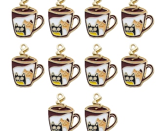 10/20/30 piezas de 19 x 25 mm de esmalte, dijes de gato en forma de taza de té, colgantes de aleación de taza de café para pulseras, collares, pendientes, accesorios para hacer joyas.