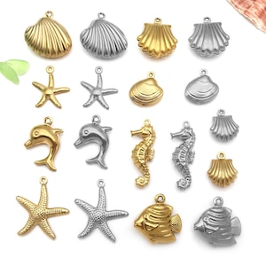 10/20pcs Stainless Steel Charms Metal Shell, Starfish, Dolphin, Seahorse Pendants for DIY Bracelet Necklace Earring Jewelry Making Accessory
