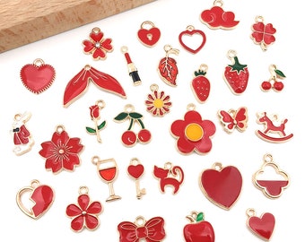 Mixed 30pcs Assorted Red Enamel charms collection，Bulk delicate cute Oil drop Gold plated metal pendants， for Jewelry Making charms