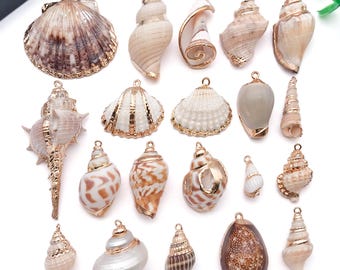 May include: A collection of various seashell charms with gold-colored accents. The shells vary in size, shape, and color, including brown, white, and tan. Each charm has a small loop for attaching to jewelry or other crafts.