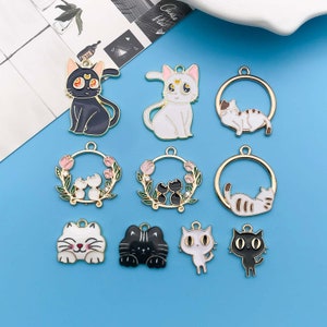 10pcs Cartoon Cute Enamel Colorful Cat Charms, Alloy Metal Animal Pendants For DIY Bracelet Necklace Jewelry Making Accessories