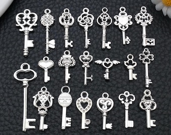 20 pezzi di ciondoli in lega con design a chiave argentata brillante, pendenti steampunk per bracciali fai da te, collane, orecchini, accessori per la creazione di gioielli