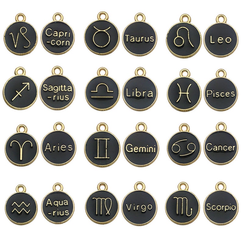 6Color.12pcs/Lot 12 Constellation Enamel Charms Enamel Zodiac Constellation Charms, Astrology Birth Sign Double Sided Coin Zodiac Charm Sets Black