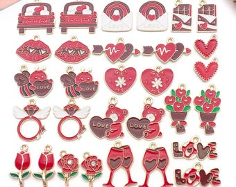 May include: A collection of red and white Valentine's Day charms. The charms include cars, envelopes, chocolate bars, lips, hearts, cupid, rings, teddy bears, bouquets, roses, wine glasses, and the word "LOVE".