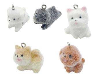 5pcs 3D Cute Flocking Dog Charms Resin Animal Pendants for DIY Bracelets Necklaces Earrings Jewelry Making Accessories