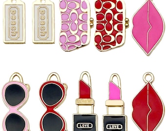 10 dijes de esmalte de aleación para mujer, con forma de lápiz labial, bolsos y gafas de sol, para pulseras, collares, pendientes y accesorios de joyería.