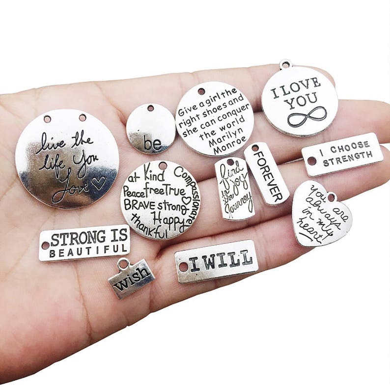 30 PCS Inspiration Word Charms Collection Antique Silver Round Rectangle Heart Letter Text ME vs ME Never Give Up Metal Pendants M044 image 4