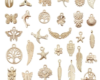 30pcs KC Golden Plant, Animal, Insect Charms Alloy Tree, Bird, Butterfly Pendants for DIY Bracelet Necklace Jewelry Making Accessories