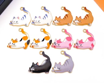 10pcs 25x25mm Colorful Printed Cat Charms, Alloy Animal Pendants for DIY Bracelets Necklaces Earrings Jewelry Making Accessories