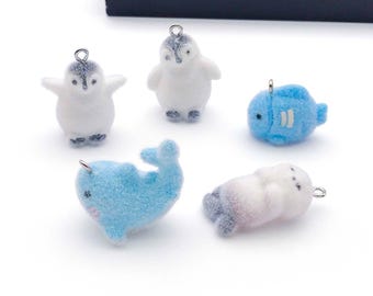 5pcs Resin Flocked Marine life Charms, 3D Fish, Penguins, Dolphins, Seals Pendants for DIY Jewelry Making Accessories