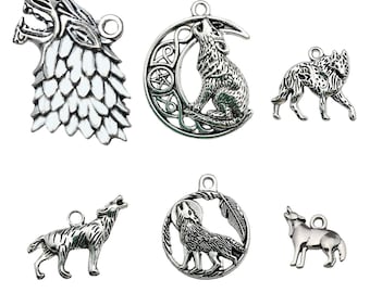10/12 piezas de dijes de diseño de lobo plateado antiguo, colgantes de aleación de animales para pulseras, collares, accesorios para hacer joyas