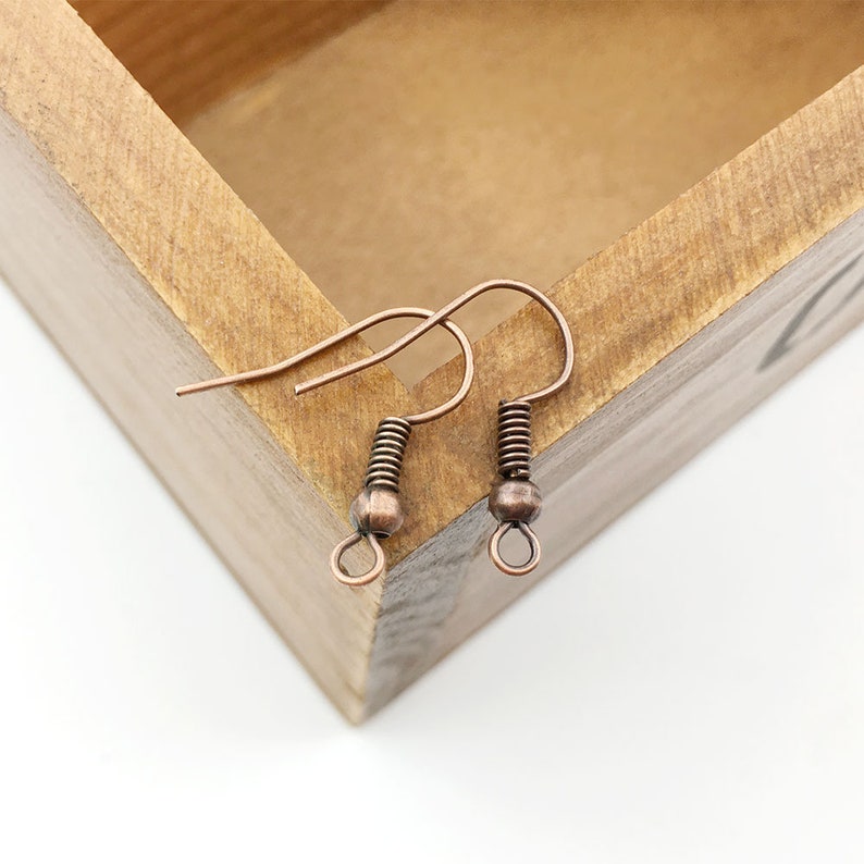 May include: Two copper-coloured earring hooks with a spring coil and a small ball at the end.
