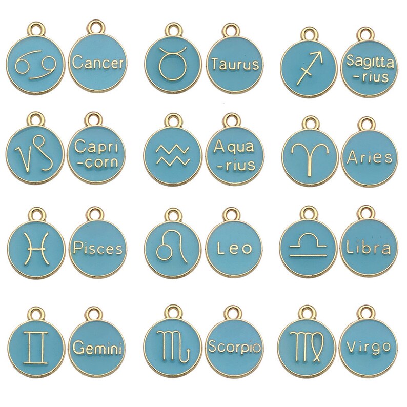 6Color.12pcs/Lot 12 Constellation Enamel Charms Enamel Zodiac Constellation Charms, Astrology Birth Sign Double Sided Coin Zodiac Charm Sets Blue