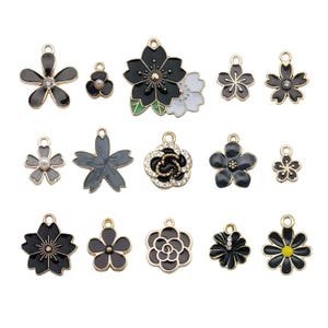 10/20pcs Enamel Black Flower Design Charms Alloy Sunflower, Daisy, Rose Flower Pendants for DIY Bracelet Jewelry Making Accessories