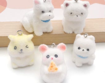 5pcs 3D Cute Flocking Dog Charms Resin Animal Pendants for DIY Bracelets Necklaces Earrings Jewelry Making Accessories