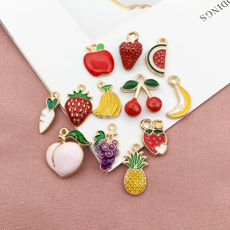 10Pcs Gold Plated Enamel Strawberry Apple Fruits Charms Pineapple Cherry  Pendants for Jewelry Making Bracelets Earrings Necklace