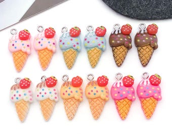 10/12pcs Strawberry Ice Cream Cone Charms Resin 3D Dessert Pendant for DIY Bracelet Necklace Earrings Jewelry Making Accessories