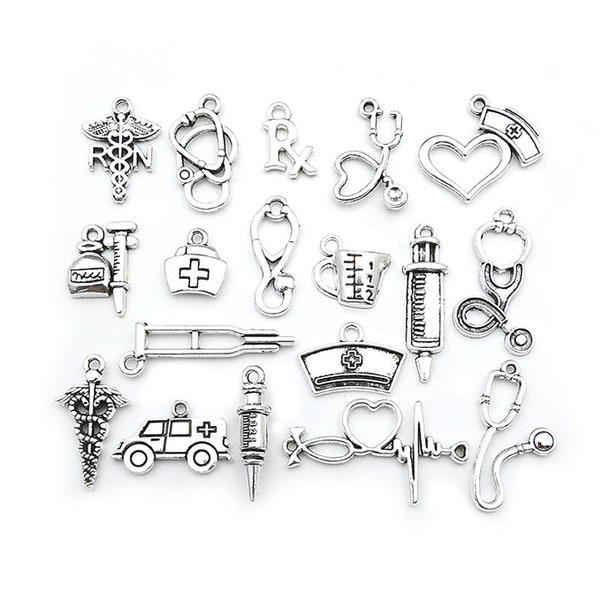 72pcs Mixed medical nurse cap Charms BULK Antique Silver Tone，stethoscope charm，Heartbeat Connector Charm，for DIY Hand Making Accessories