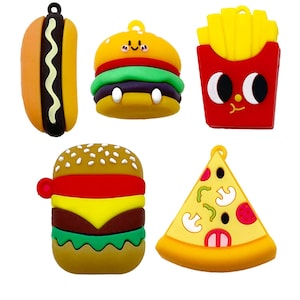 5pcs Creative PVC Cartoon Food Charms with French Fries, Hamburger, Hot Dog and Pizza Slice Pendants for DIY Jewelry Making Accessories