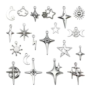 20 st. vintage sol-, måne-, stjärn-, korsberlocker i legering för gör-det-själv-armband, halsband, örhängen, smyckestillverkning, tillbehör