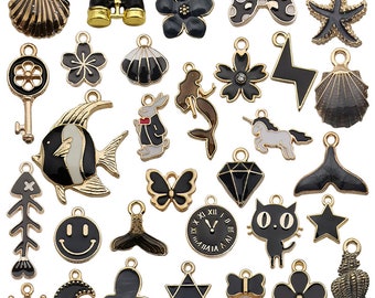 Mixed 50pcs Assorted Black Series Enamel charms collection，Black Oil drop Gold plated metal pendants， for Jewelry Making charms