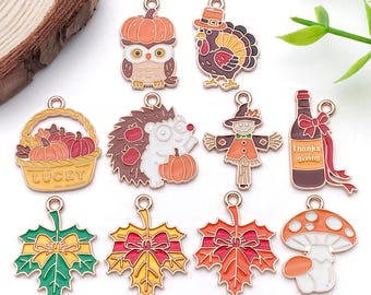 10pcs Enamel Thanksgiving Decoration Charms Alloy Maple Leaf, Pumpkin, Scarecrow, Turkey Pendants for DIY Jewelry Making Accessories