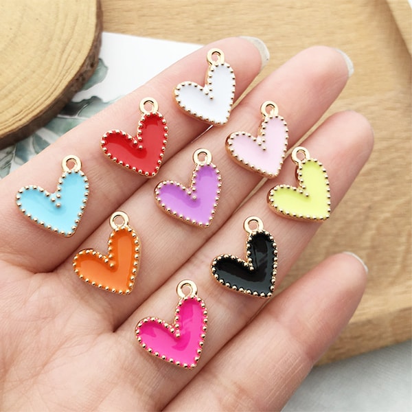 10/20/30pcs Enamel Charm Heart Gold Plated Pendant，Enamel Mini love Charm，DIY Findings Charm Jewelry Making craft Accessories