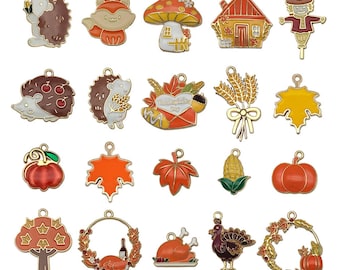 10/20pcs Enamel Thanksgiving Decoration Charms Alloy Maple Leaf, Pumpkin, Turkey Pendants for DIY Jewelry Making Accessories