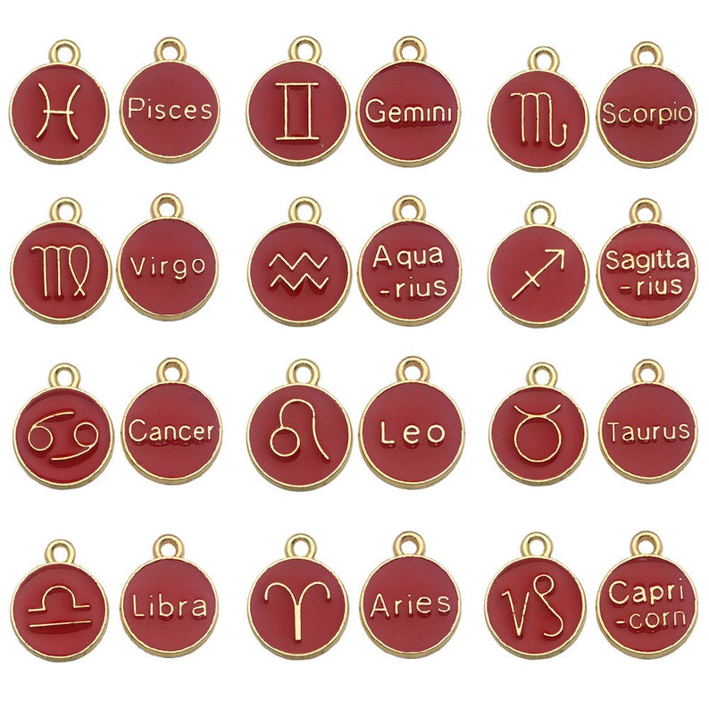 6Color.12pcs/Lot 12 Constellation Enamel Charms Enamel Zodiac Constellation Charms, Astrology Birth Sign Double Sided Coin Zodiac Charm Sets Red