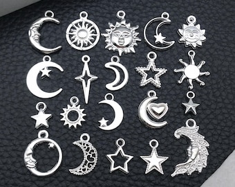 20 Stück hell silbrig himmlische Charms Legierung Sonne, Mond, Stern Anhänger für DIY Armbänder Halsketten Ohrringe Schmuck machen Zubehör