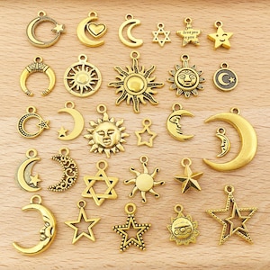 Mix 55PCS antique gold Star Moon Charm Crescent Moon Charm Sun Pendant For DIY Bracelet Earrings Necklace Zinc alloy Accessories