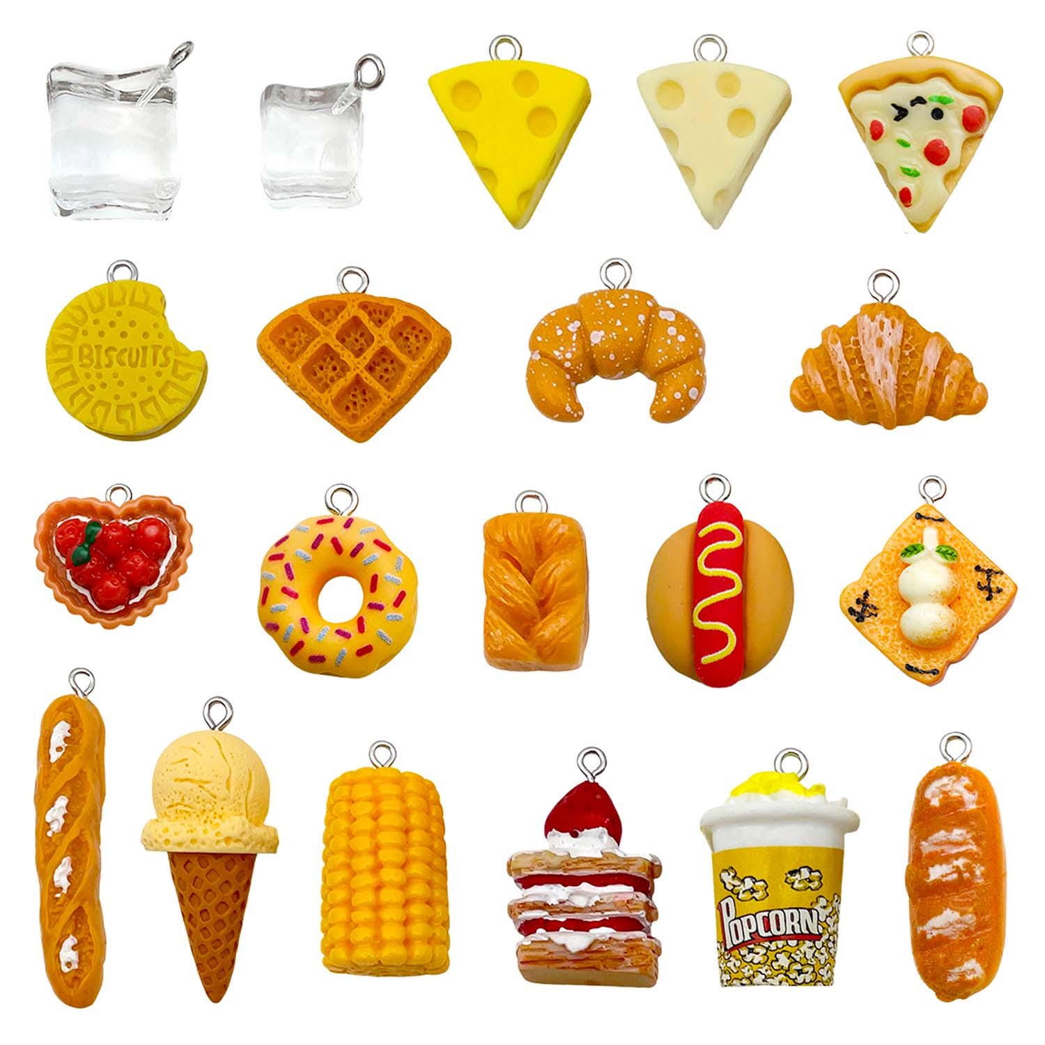 10/20pcs Resin 3D Food Charms Popcorn, Ice Cubes, Bread, Corn