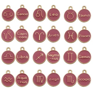 6Color.12pcs/Lot 12 Constellation Enamel Charms Enamel Zodiac Constellation Charms, Astrology Birth Sign Double Sided Coin Zodiac Charm Sets Red bean pastepowder
