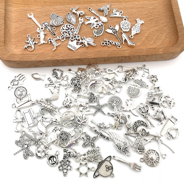 50/100/200pcs Assorted Mixed Charms In BULK Antique Silver Tone，Wholesale Mixed Charms Collections，for DIY Handmade Making Accessories