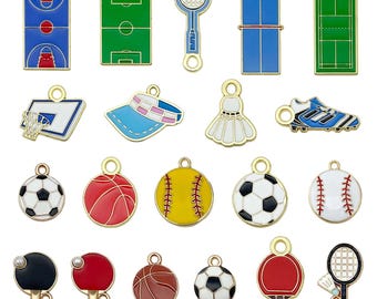 20pcs Enamel Sports Charms Alloy Table Tennis, Badminton, Basketball, Football, Baseball Pendants for DIY Jewelry Making Accessories