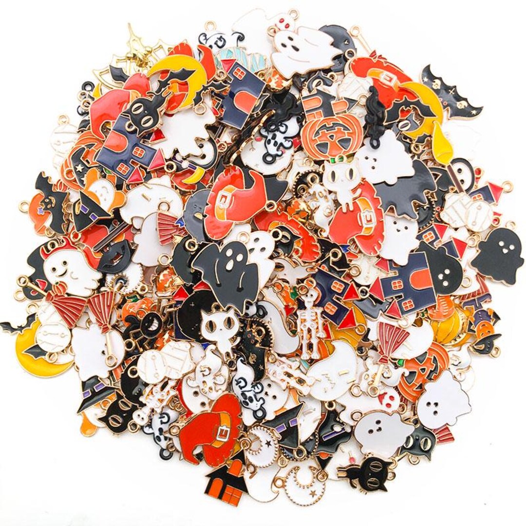 30 Pcs Halloween Charms Collection - Mixed Pumpkin Ghost Skull Bat Enamel Charms For Jewelry Making & Craft Projects