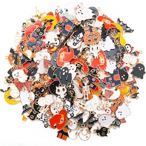 10/20/30/40pcs Enamel Halloween Decoration Charms Alloy Ghost, Pumpkin, Spider, Bat Pendants for DIY Jewelry Making Accessories